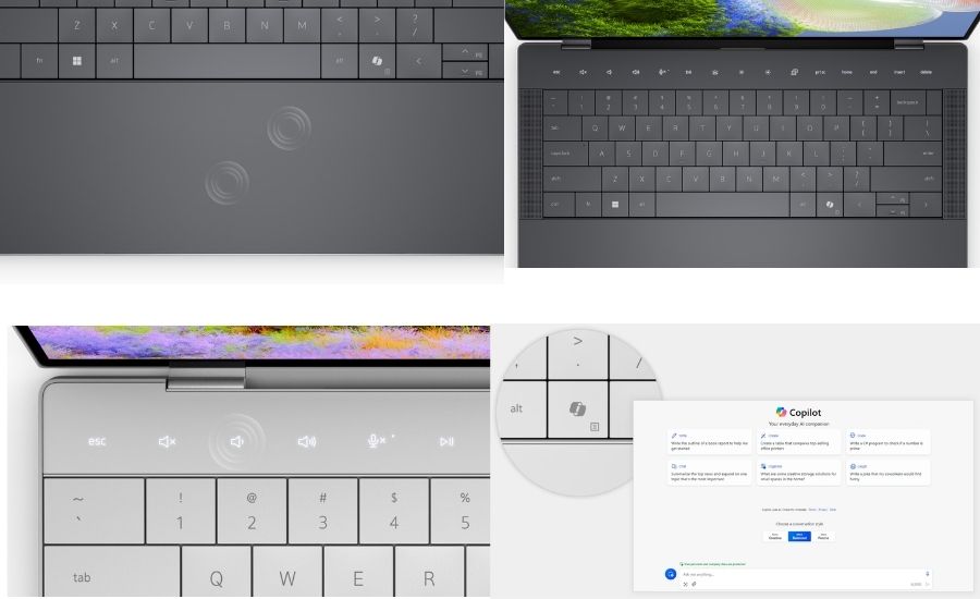 Cận cảnh bàn phím và touchpad liền mạch của Dell XPS 14 9440, thể hiện thiết kế hiện đại và tinh tế.