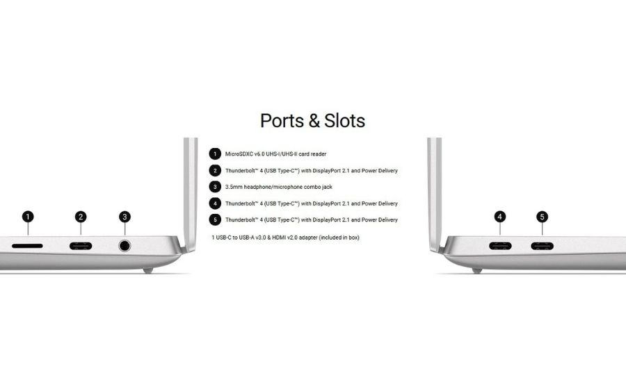 Các cổng kết nối bên cạnh laptop Dell XPS 14 9440, bao gồm USB-C Thunderbolt và khe đọc thẻ microSD.