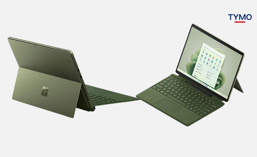 Thiết kế góc nghiêng Surface Pro 9 thể hiện độ mỏng tinh tế và khung viền nhôm chắc chắn.