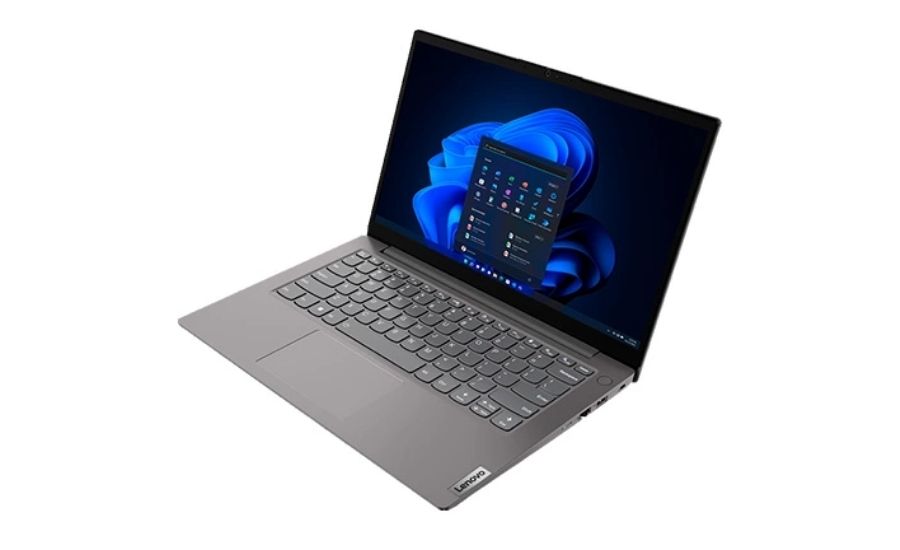 Cận cảnh bề mặt nhựa nhám màu xám của laptop Lenovo V14 G4, thể hiện độ bền và khả năng chống bám vân tay.