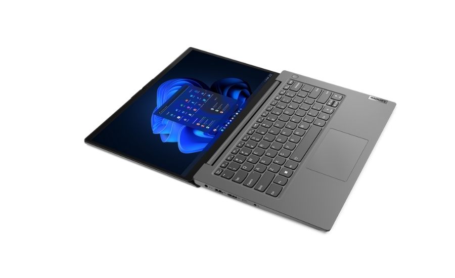 Cận cảnh bề mặt nhựa màu xám của laptop Lenovo V14 G4 IRU, thể hiện sự đơn giản và bền bỉ 