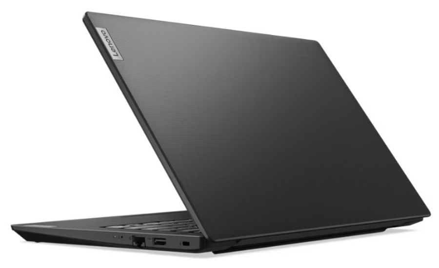 Cận cảnh bề mặt vỏ nhựa nhám màu xám của laptop Lenovo V14 G4, thể hiện độ bền và khả năng chống bám vân tay