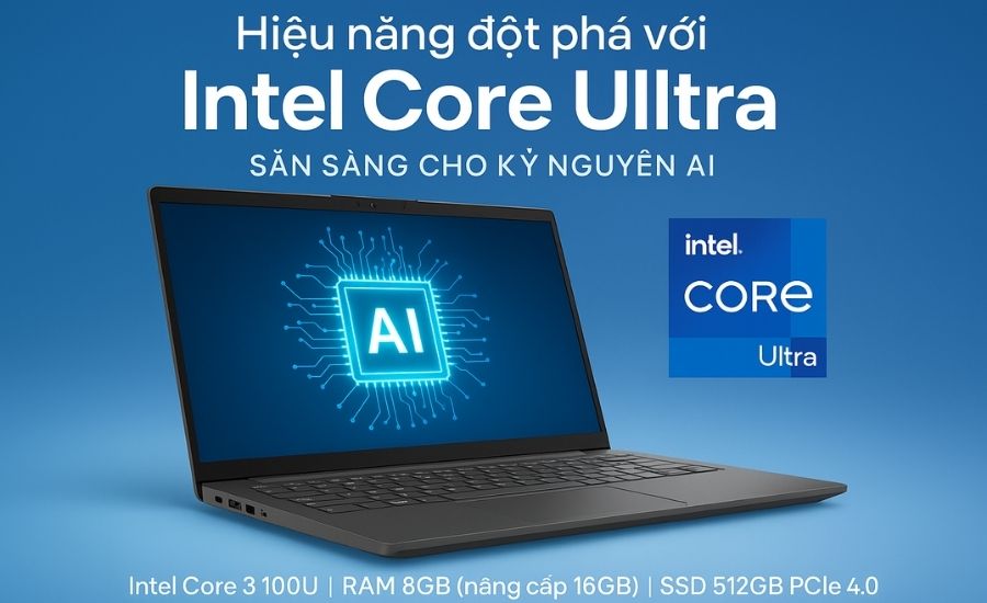 Màn hình laptop Lenovo V15 G5 hiển thị giao diện Windows 11 với các ứng dụng đang chạy, minh họa khả năng đa nhiệm và hiệu suất AI.