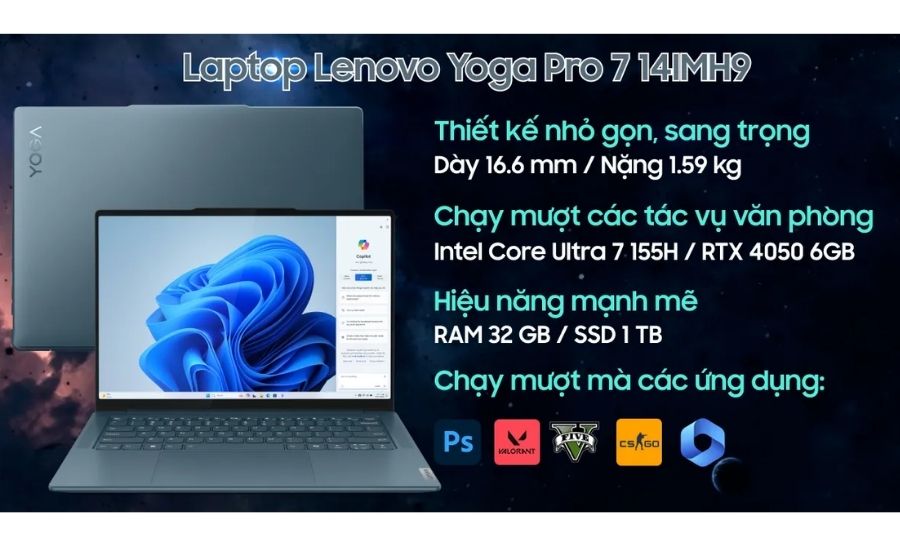 Màn hình laptop Lenovo Yoga Pro 7 14IMH9 83E2005DVN hiển thị giao diện Windows 11 với nhiều cửa sổ ứng dụng đang mở, minh họa khả năng đa nhiệm của Core Ultra 7.