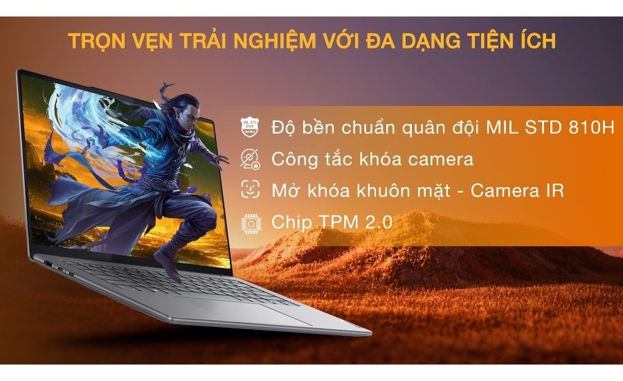 Màn hình laptop Lenovo Yoga Pro 7 14IMH9 83E2006MVN hiển thị một cảnh render 3D chi tiết hoặc một cảnh game đồ họa cao cấp, minh họa sức mạnh của Core Ultra 9 và RTX 4060.