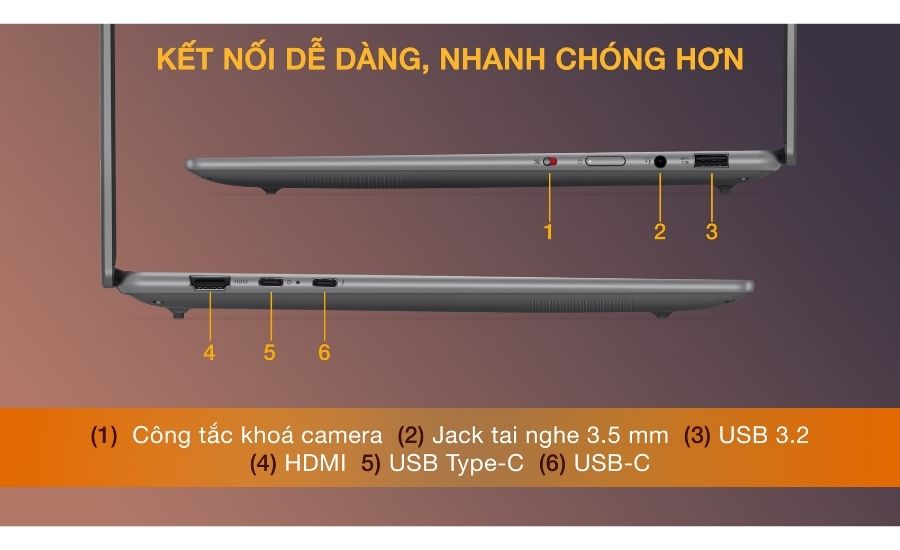 Đầy đủ cổng kết nối hiện đại, bao gồm Thunderbolt 4, trên Laptop Lenovo Yoga Pro 7 14IMH9 83E2006MVN, tối ưu cho mọi nhu cầu.
