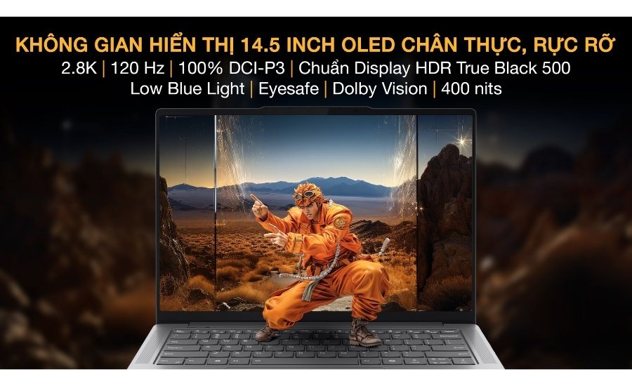 Màn hình laptop Lenovo Yoga Pro 7 14IMH9 83E2006MVN hiển thị một bức ảnh có chi tiết cao hoặc giao diện phần mềm thiết kế, nổi bật chất lượng IPS và tần số quét cao.