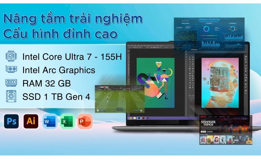 Màn hình laptop Lenovo Yoga Slim 7 14IMH9 83CV001UVN hiển thị giao diện Windows 11 với các ứng dụng nặng đang chạy, minh họa khả năng xử lý mạnh mẽ của Core Ultra 7.
